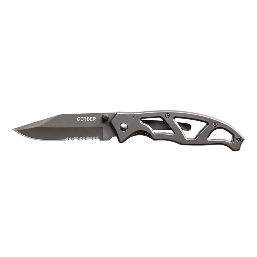 Camping Gerber Knives | Gerber Paraframe I Partial Serrated Folding Knife - Ti Grey