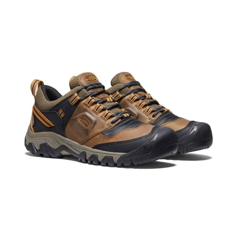 Footwear Keen Men'S Hiking Shoes | Keen Ridge Flex Low Waterproof Shoes - Bison/Golden Brown